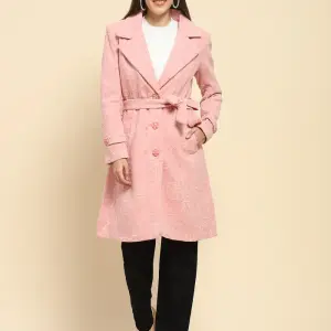 Pink Poly Acrylic Embroidered Relaxed Fit Long Coat