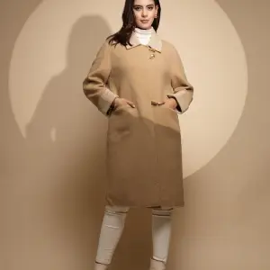 Women Beige Solid Collared Neck Full Sleeve Wool Coat