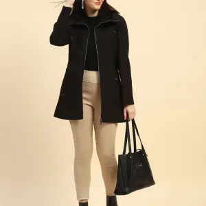 Black Solid Poly Blend Relaxed Fit Coat