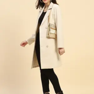 Cream Solid Poly Blend Relaxed Fit Long Coat