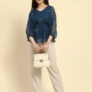 Teal Embroidered Poly Blend Regular Fit Blouson Top